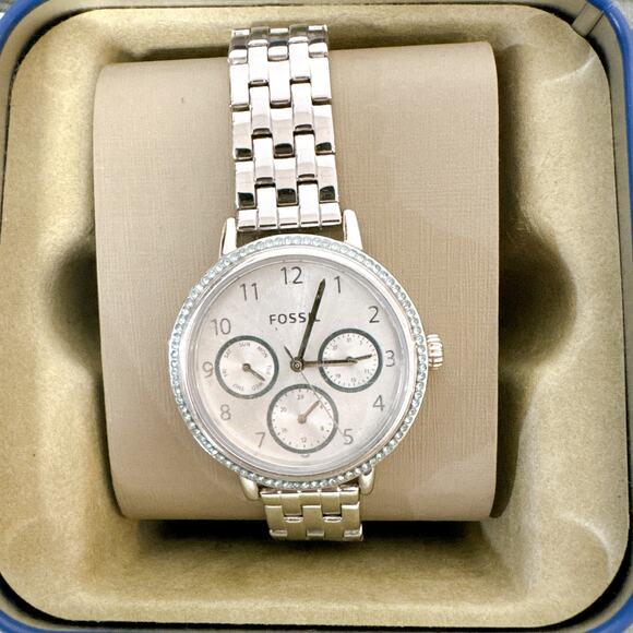Fossil BQ3711 Women Reid Multifunction Silver Steel Blue Accent Quartz